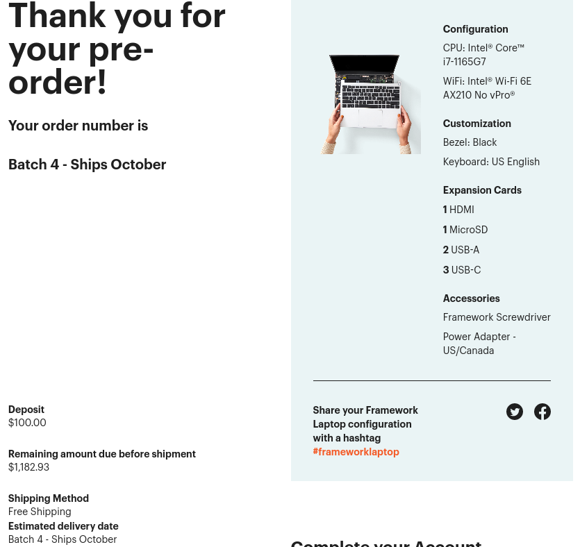 Screenshot of Framework Laptop Order