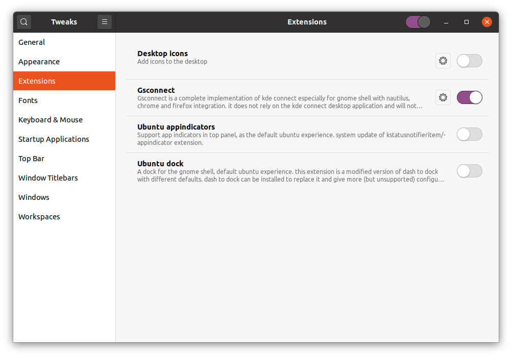 Gnome Tweaks interface