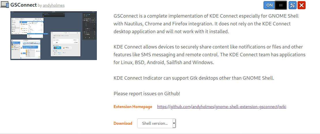 GSConnect Page with add-on installed